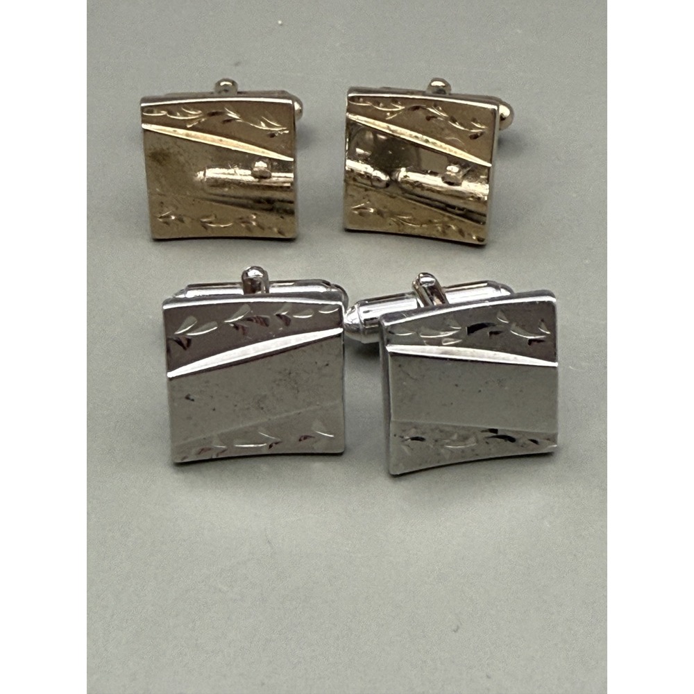 Anson Cufflinks Lot 2 Pair Mens Gold Silver Tone Etched Rectangular Bullet Back